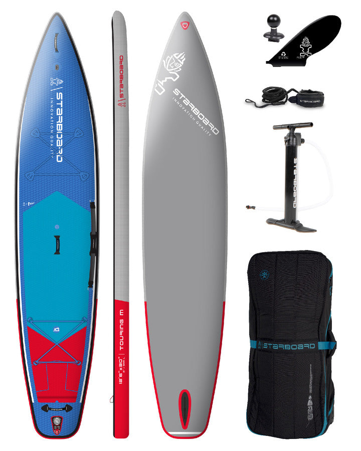 Studio image of Starboard Touring M 12'6 x 30 iSUP Package with accessories.