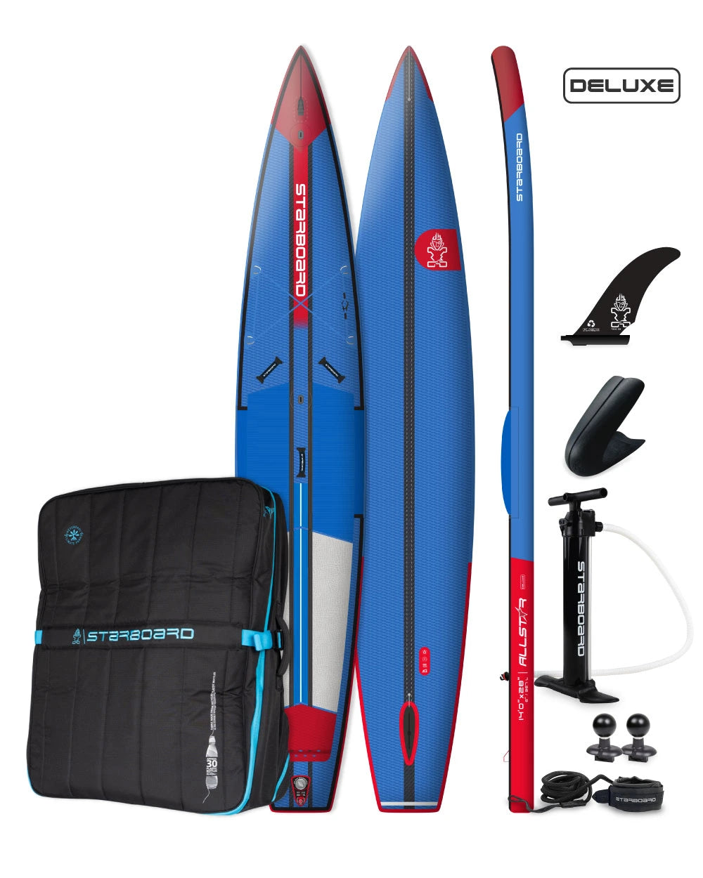 Image of Starboard All Star Airline iSUP Package Set, showing board, board bag, pump and accessories.