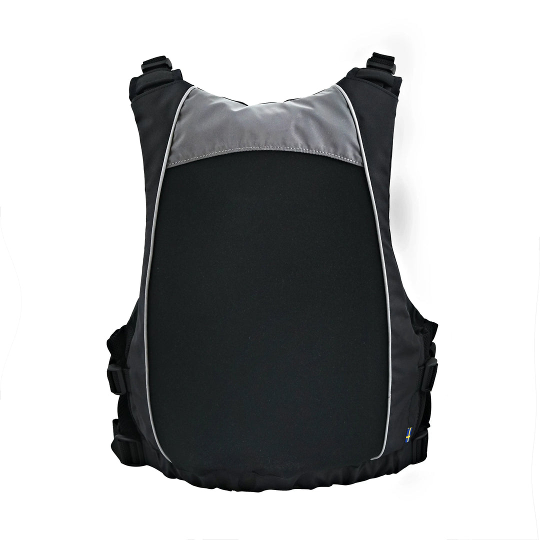 Studio image of the back of a Baltic X4 Buoyancy Aid in black for kayaking and watersports.