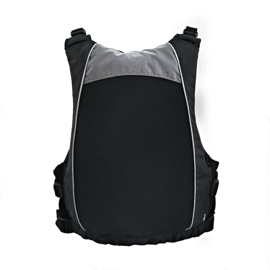 Studio image of the back of a Baltic X4 Buoyancy Aid in black for kayaking and watersports.