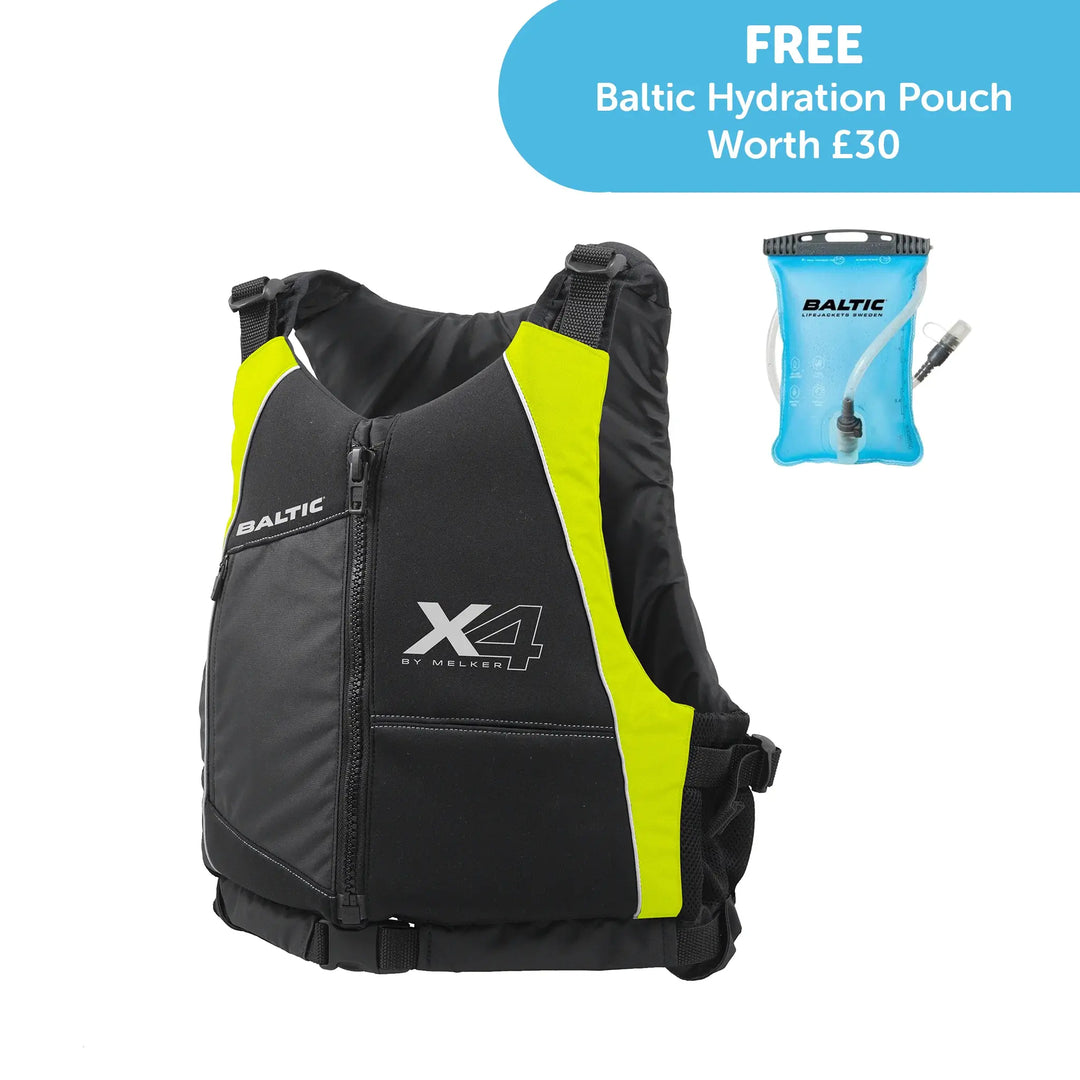 Studio image of a Baltic X4 Buoyancy Aid in black and yellow for kayaking and watersports. Also shows free hydration bladder offer.