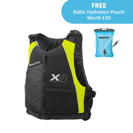 Studio image of a Baltic X4 Buoyancy Aid in black and yellow for kayaking and watersports. Also shows free hydration bladder offer.