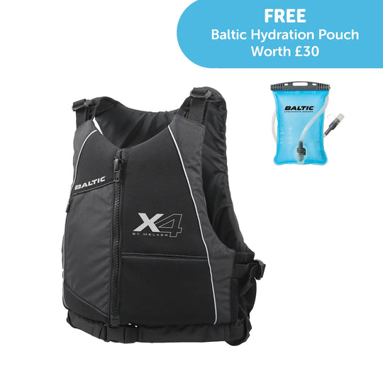 Studio image of a Baltic X4 Buoyancy Aid in black for kayaking and watersports. Also shows free hydration bladder offer.