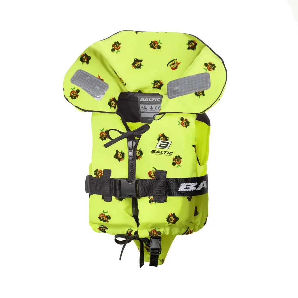 Image of a yellow Baltic Pirate Children's 100N life jacket, with pirate print design all over.