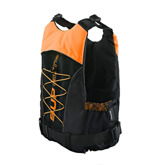 Studio image of the Baltic SUP Elite Buoyancy Aid 50N in orange, Pictures shows the PFD from the rear and side.