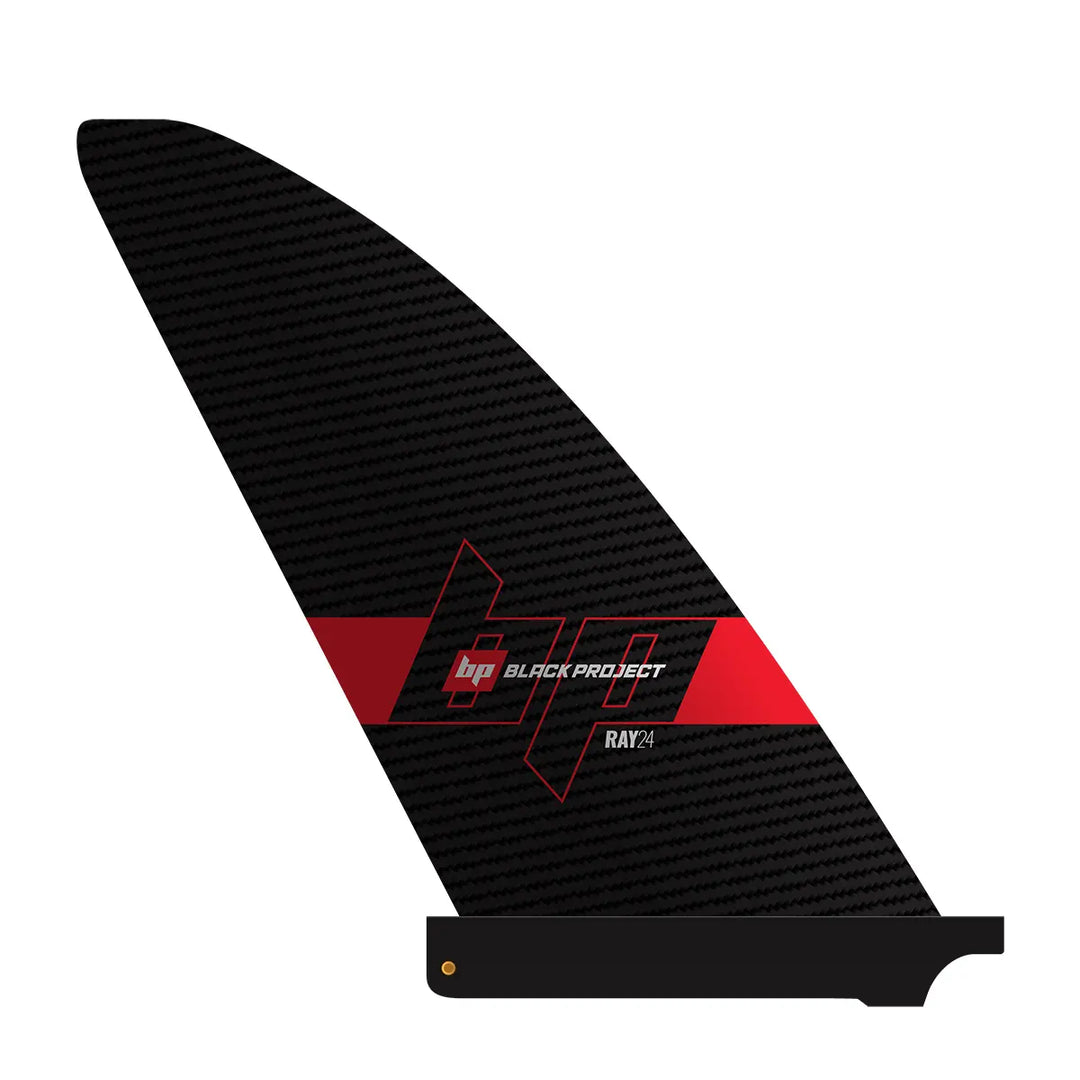 Studio image of the back of a Black Project Ray SUP Fin with a US Box Base, made from pre-preg carbon fiber.