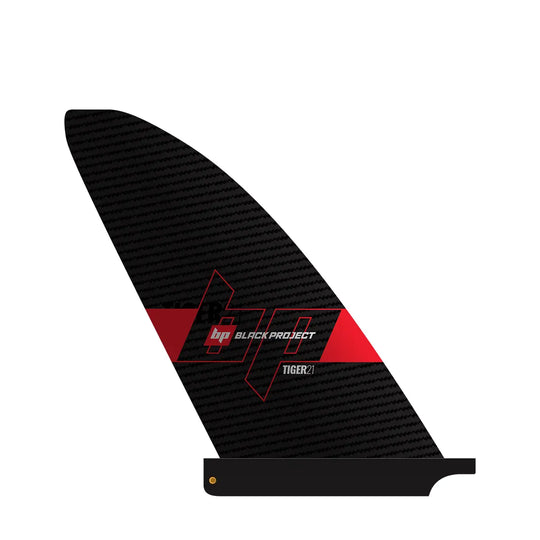 Studio image of the back of a Black Project Tiger SUP fin with a Surf Base Box base, a SUP fin made from pre-preg carbon fiber.