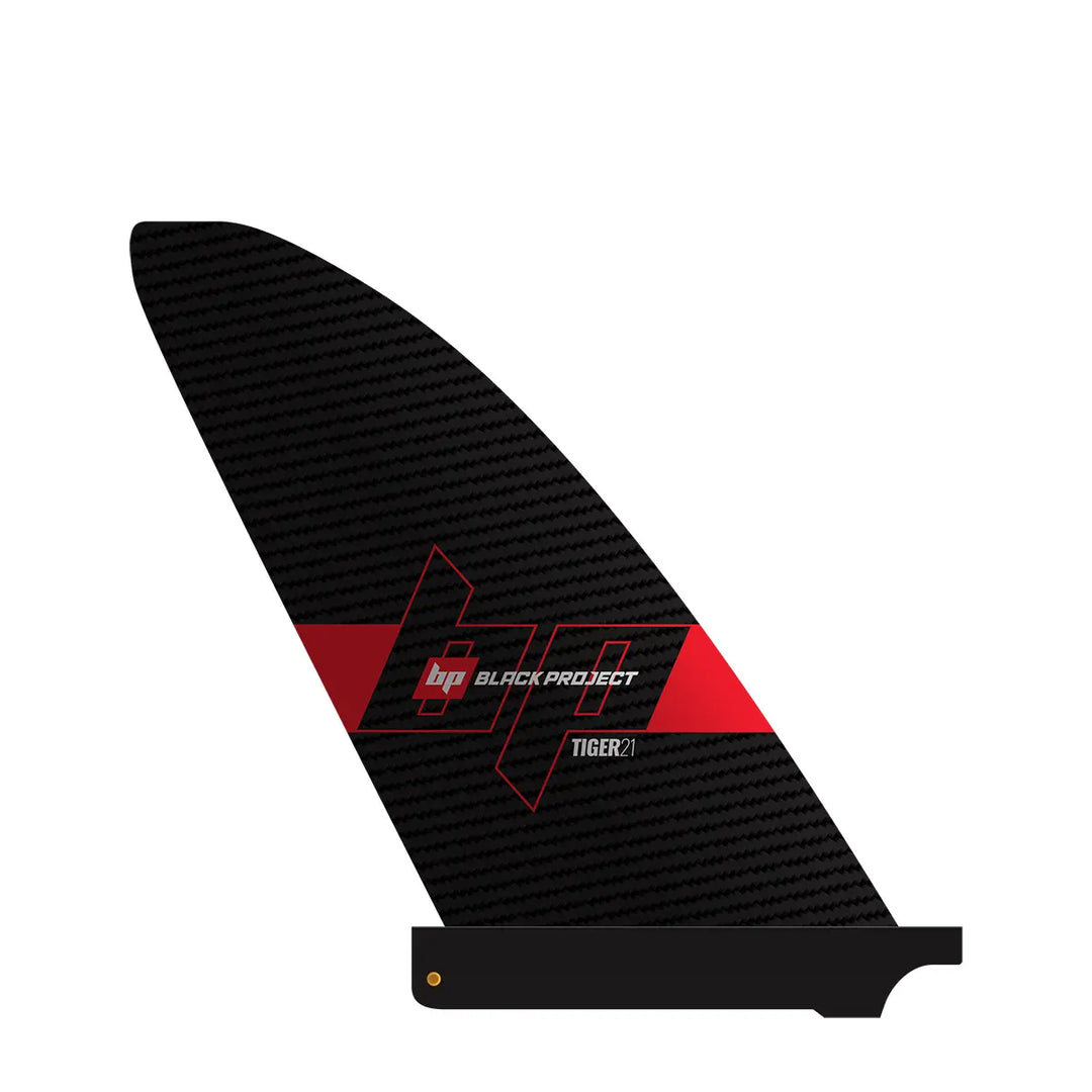 Studio image of the back of a Black Project Tiger SUP fin with a US Box base, a SUP fin made from pre-preg carbon fiber.