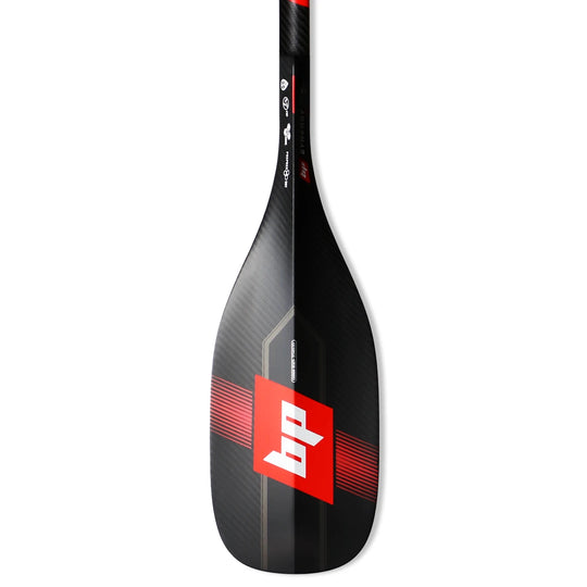 Studio image of the front of a Black Project Hydro SynergyX Paddle Blade made from carbon fiber with red and white logos and red graphics.
