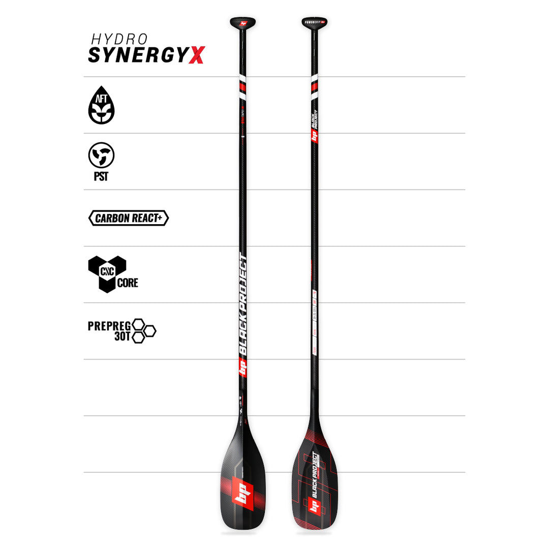Studio image of a Black Project Hydro SynergyX Paddle Blade made from carbon fiber with red and white logos and red graphics. Image also shows the paddle construction technology logos.