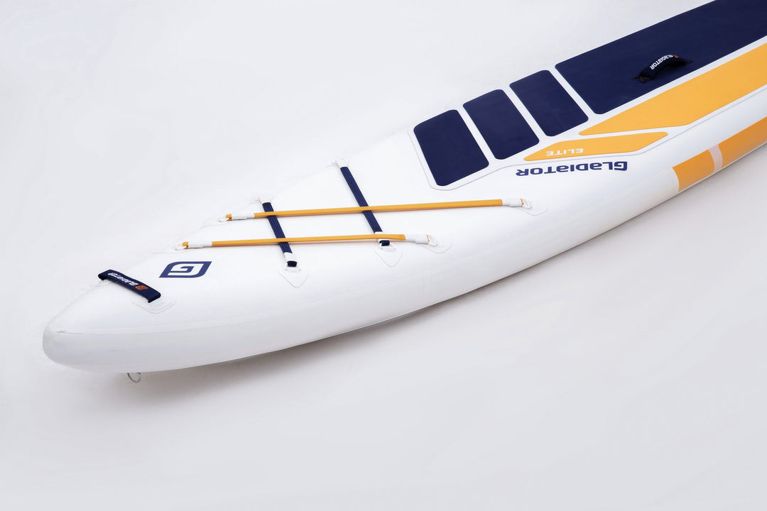 Gladiator Elite Race 12'6 Paddleboard Nose Close Up Showing Deck Bungees