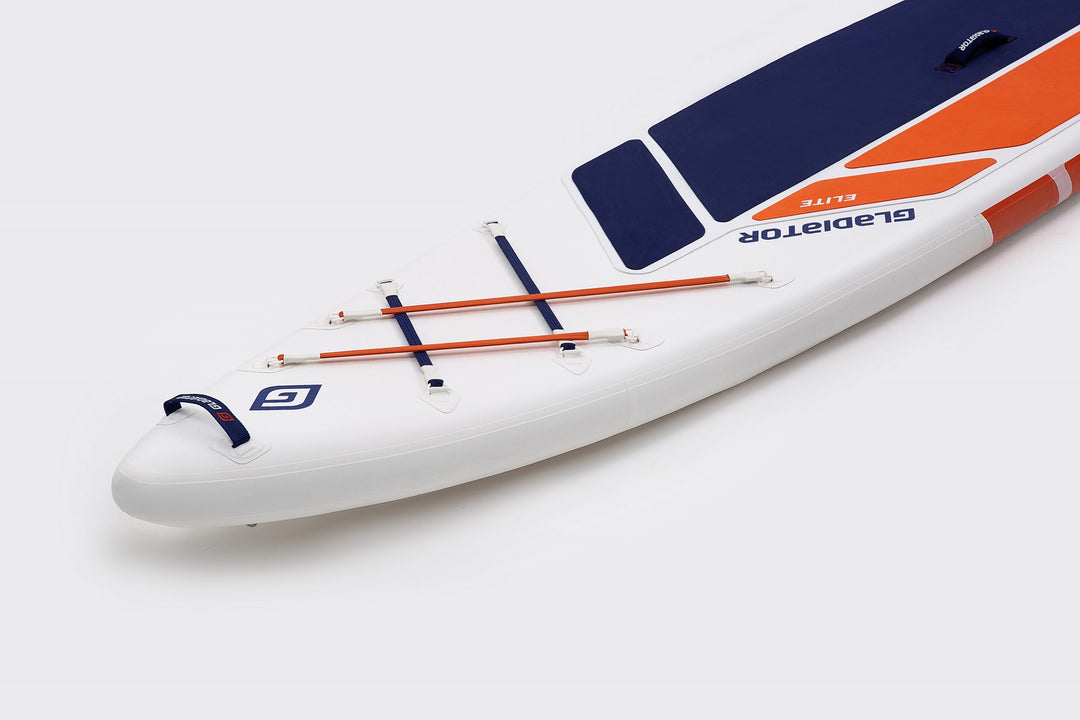 Gladiator Elite S 12'6 Paddleboard Nose Close Up Showing Deck Bungees