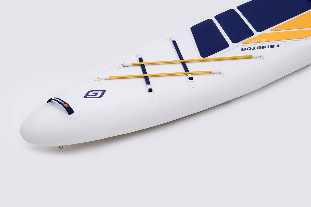 Gladiator Elite Sport Race 14' Paddleboard Nose Close Up Showing Deck Bungees