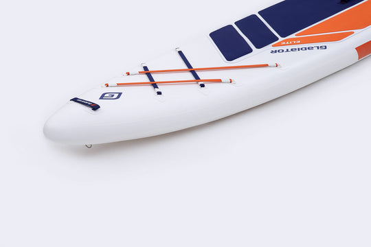 Gladiator Elite T 14' Paddleboard Nose Close Up Showing Deck Bungees
