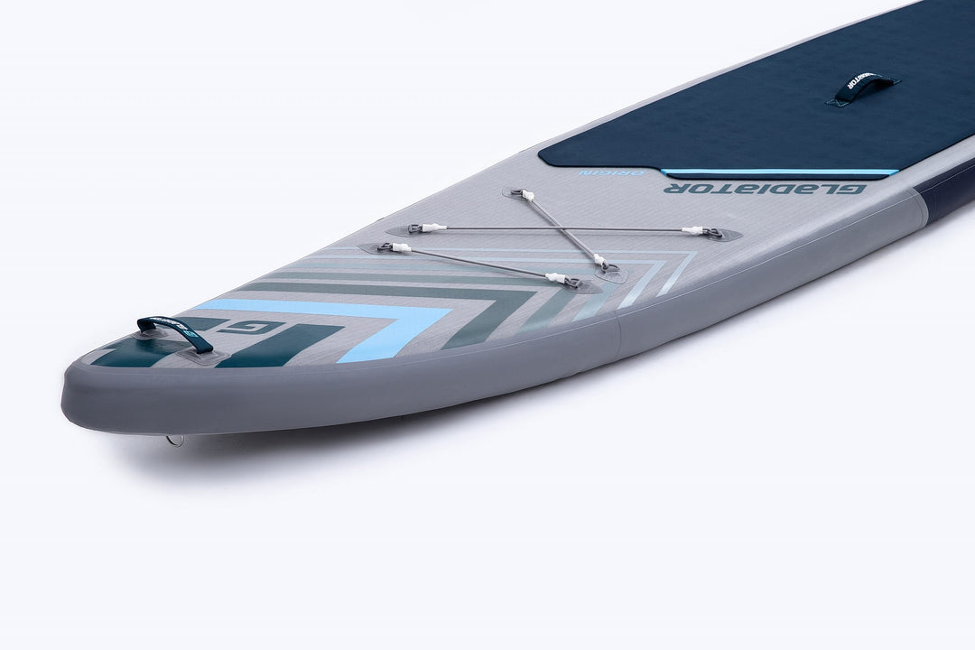 Gladiator Origin 12'6 LT Touring Paddleboard Nose Close Up Showing Deck Bungees