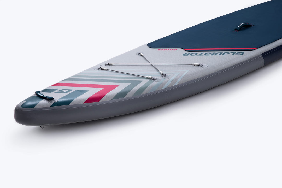 Gladiator Origin 12'6 Sport Touring Paddleboard Nose Close Up Showing Deck Bungee