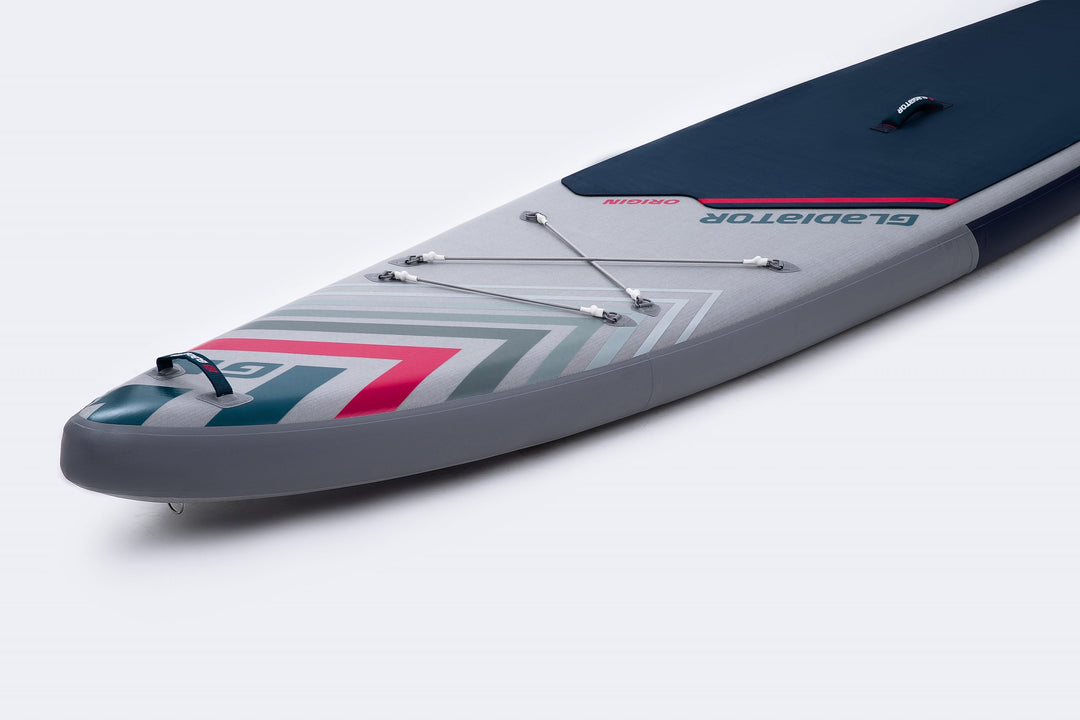 Gladiator Origin 12'6 T Touring Paddleboard Nose Close Up with Deck Bungees