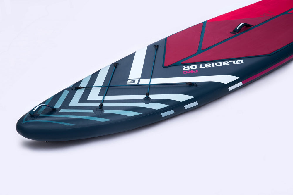 Gladiator Pro 11'4 Paddleboard Nose Close Up Showing Deck Bungees