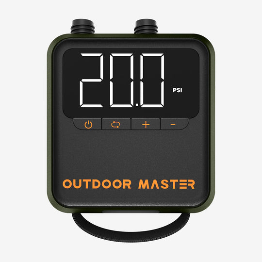 Digital display on Electric Cachalot SUP Pump with 'Outdoor Master' branding on a white background.