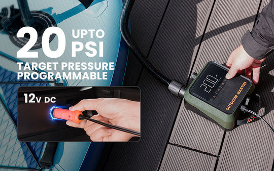 Electric SUP Pump inflating Paddleboard.