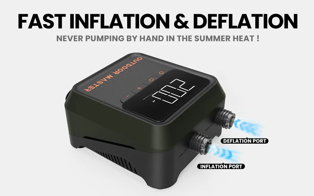 Black electric SUP pump with digital display for fast inflation and deflation on a white background.