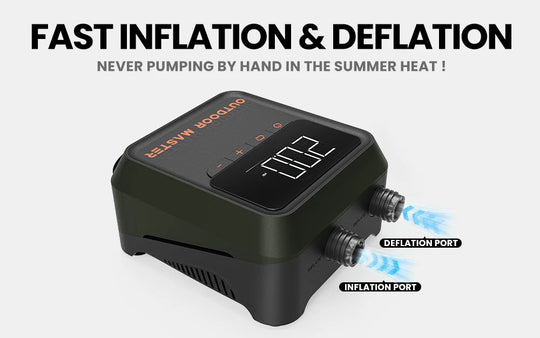 Black electric SUP pump with digital display for fast inflation and deflation on a white background.