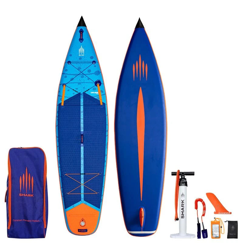 Image of Shark SUPS Cruiser Plus 11'6 x 34" x 6" inflatable paddle board with light blue deck featuring shark skin graphics and a dark blue bottom. Also showing package accessories.