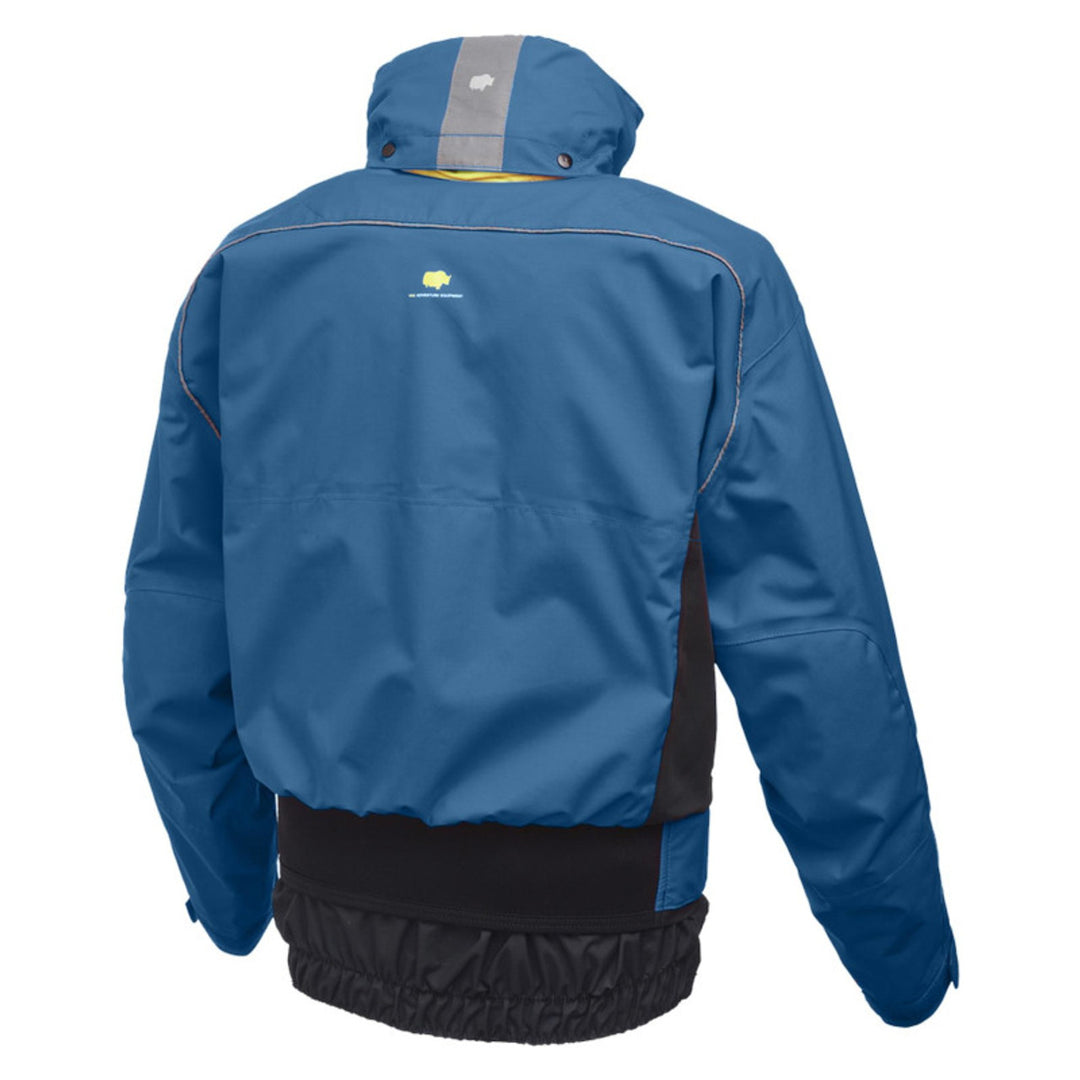 Studio image of the back of a blue Yak Apollo dry cag.