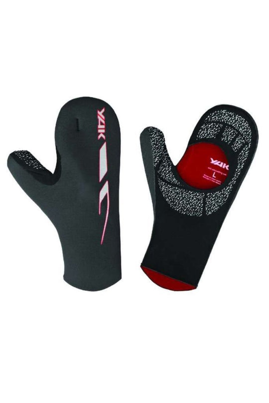 Studio image of black 3mm neoprene open palm mitts for SUP and kayaking.