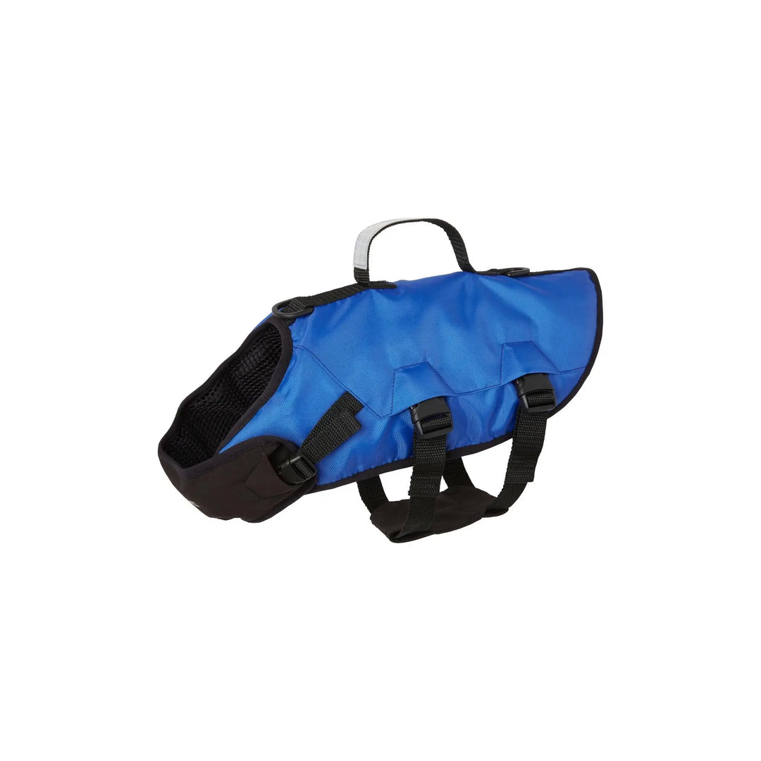 Front side image of a Baltic Splash Dog Buoyancy Aid in royal blue, showing the neck collar and body buckles.
