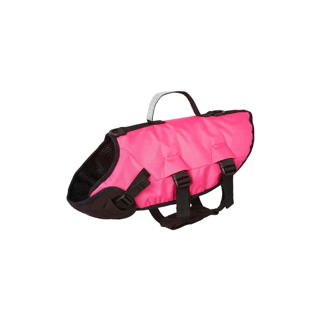 Front side image of a Baltic Splash Dog Buoyancy Aid in pink, showing the neck collar and body buckles.