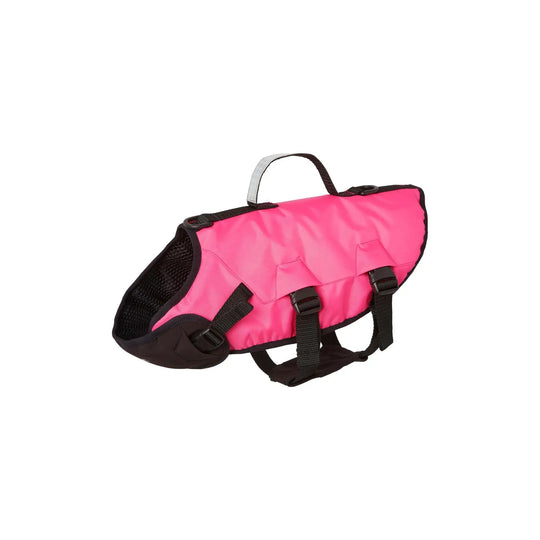 Front side image of a Baltic Splash Dog Buoyancy Aid in pink, showing the neck collar and body buckles.