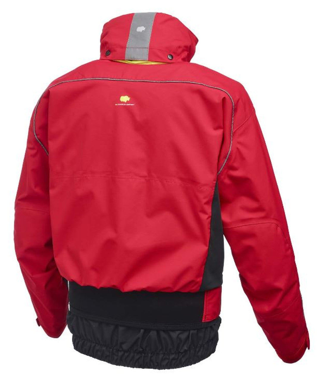 Studio image of the back of a red Yak Apollo dry cag.