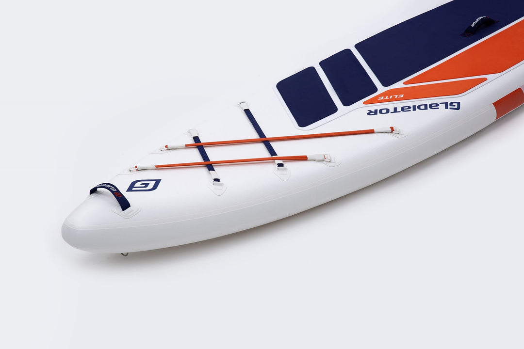 Gladiator Elite LT 12'6 Paddleboard Nose Close Up Showing Deck Bungee
