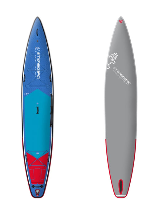 Image of Starboard Touring M 14'0 x 30 with blue deck and grey hull.