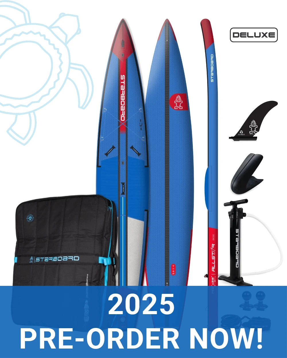 Image of Starboard All Star Airline iSUP Package Set, showing board, board bag, pump and accessories.