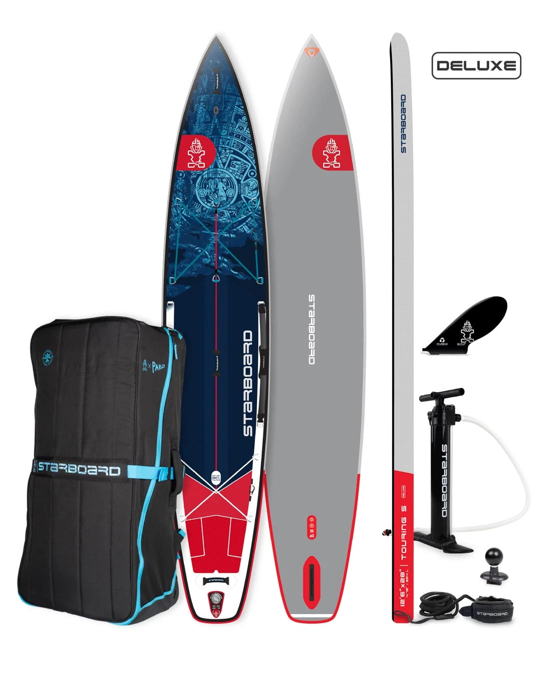 Starboard inflatable paddle boards with accessories on a white background.