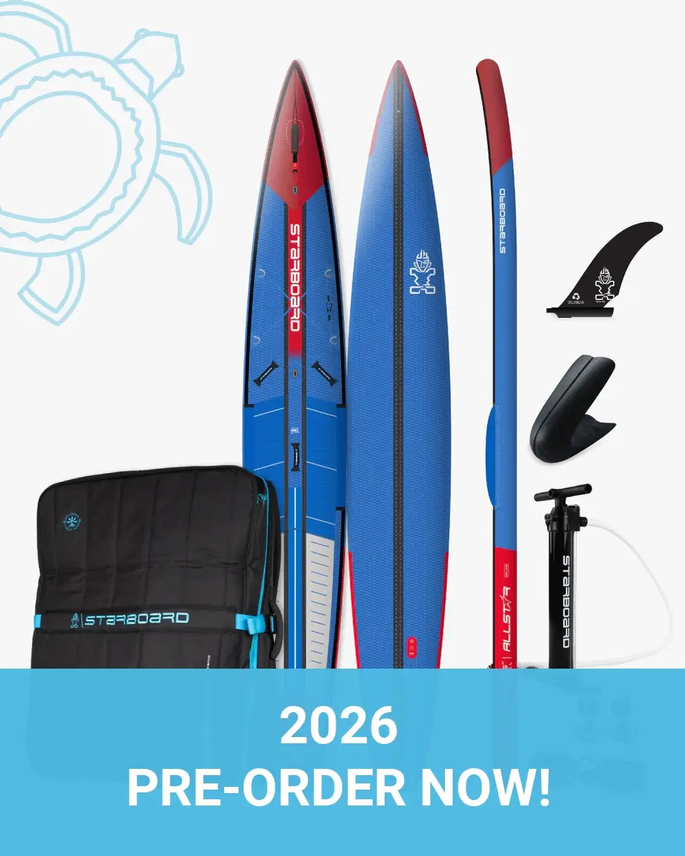 Starboard All Star Airline Inflatable Paddleboard with accessories on a white background with '2026 Pre-Order Now!' text.