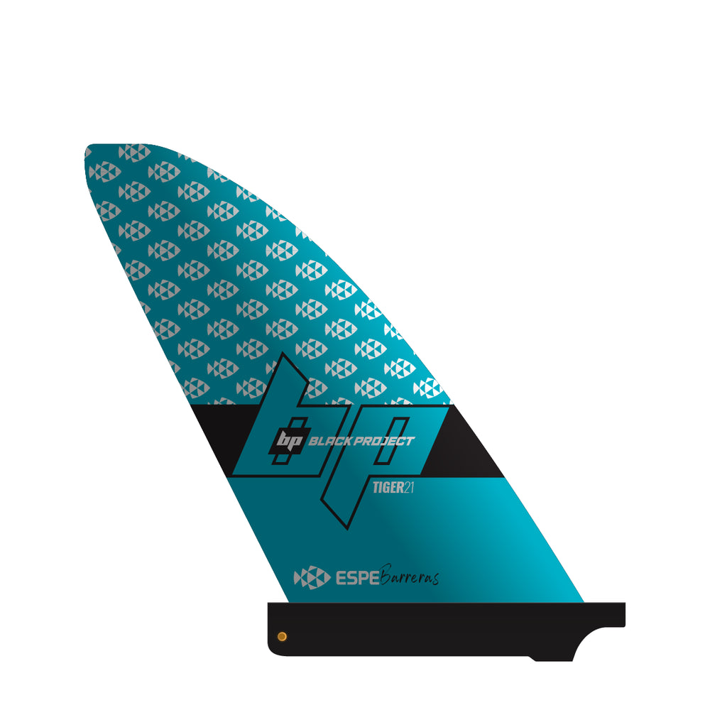 Studio image of a Black Project Tiger v2 Carbon SUP Fin, with speical ESPE Edition light blue artwork.