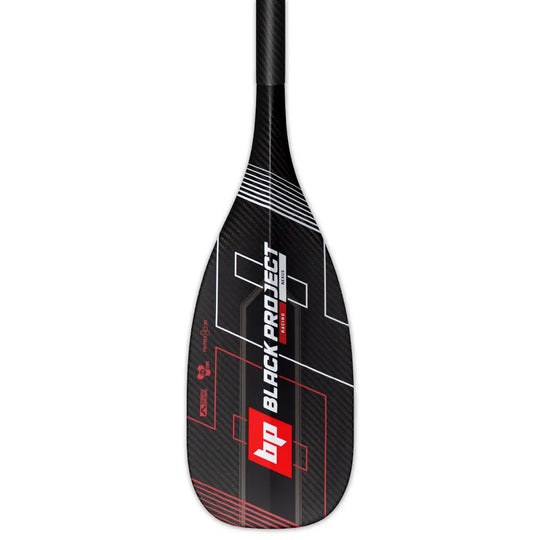 Black Project Nexus Carbon SUP Paddle, showing the back of the blade, made using black pre-preg carbon with red and white logo and Black Project graphics.