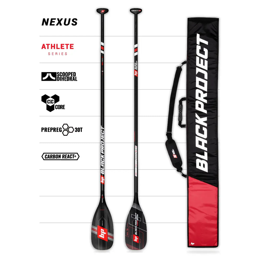 Front and back studio images of the Black Project Nexus Paddle, made using black carbon fibre with red and white logos. Along with specifications graphics and Paddle Bag.