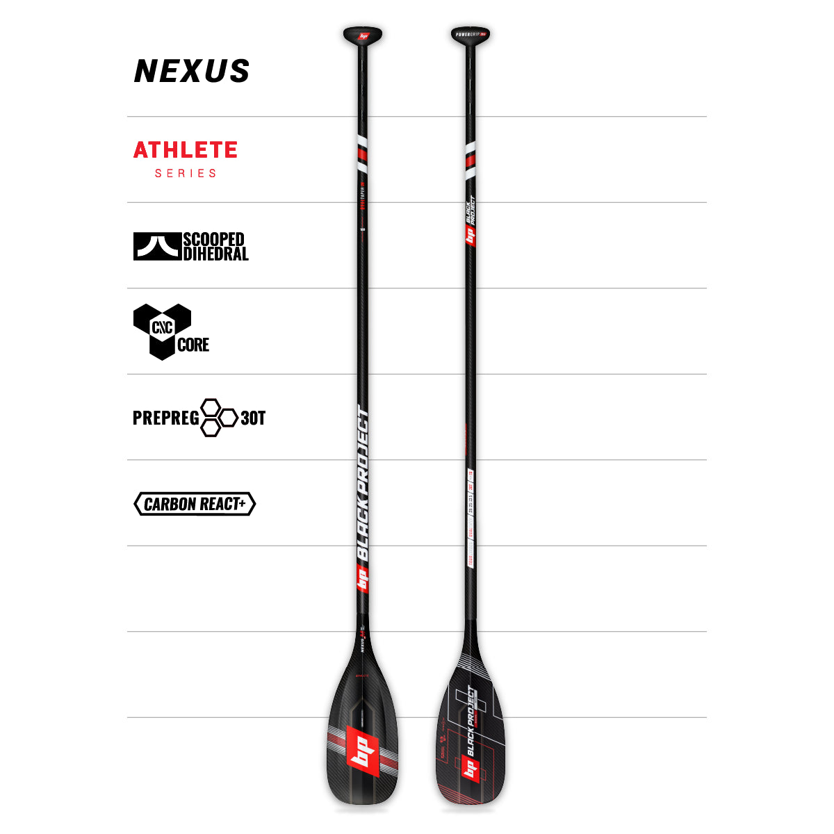 Front and back studio images of the Black Project Nexus Paddle, made using black carbon fibre with red and white logos. Along with specifications graphics.