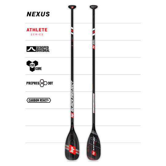 Front and back studio images of the Black Project Nexus Paddle, made using black carbon fibre with red and white logos. Along with specifications graphics.