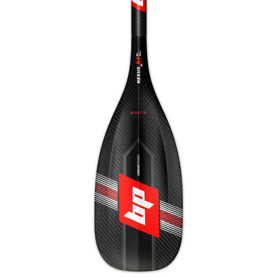 Black Project Nexus Carbon SUP Paddle, showing the front of the blade, made using black pre-preg carbon with red and white logo and diagonal stripes.