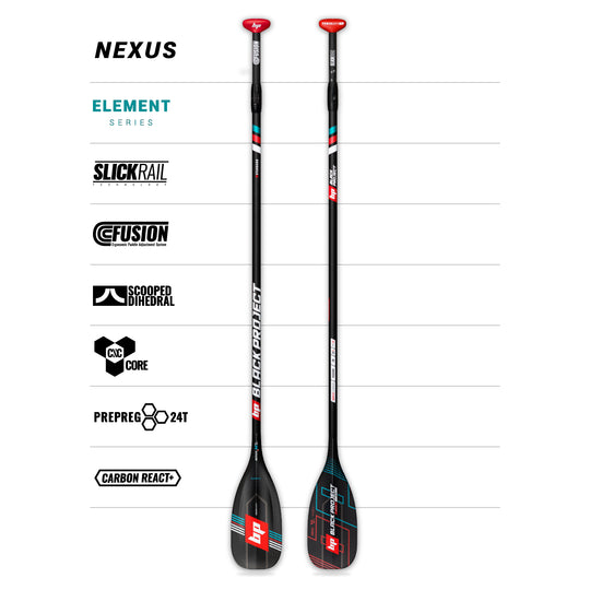 Front and back studio images of the Black Project Nexus Element Paddle, made using black carbon fibre with red, white, blue logos. Along with specifications graphics.