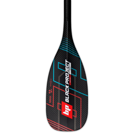 Black Project Nexus Element Carbon SUP Paddle, showing the back of the blade, made using black pre-preg carbon with red and white logo and Black Project graphics.