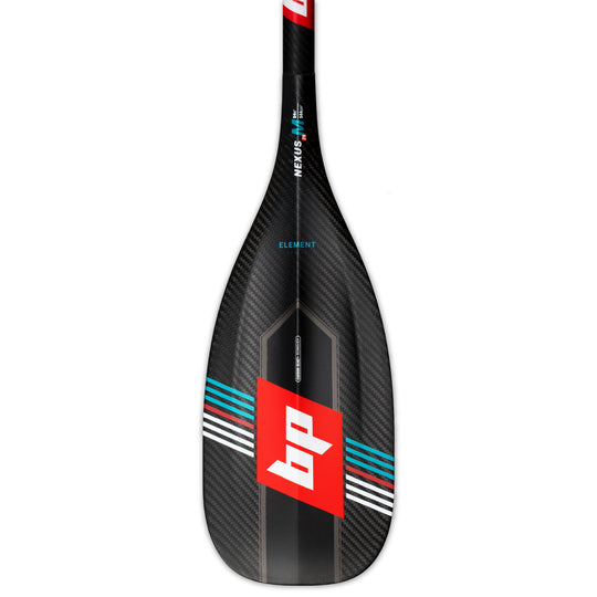 Black Project Nexus Element Carbon SUP Paddle, showing the front of the blade, made using black pre-preg carbon with red and white logo and diagonal stripes.