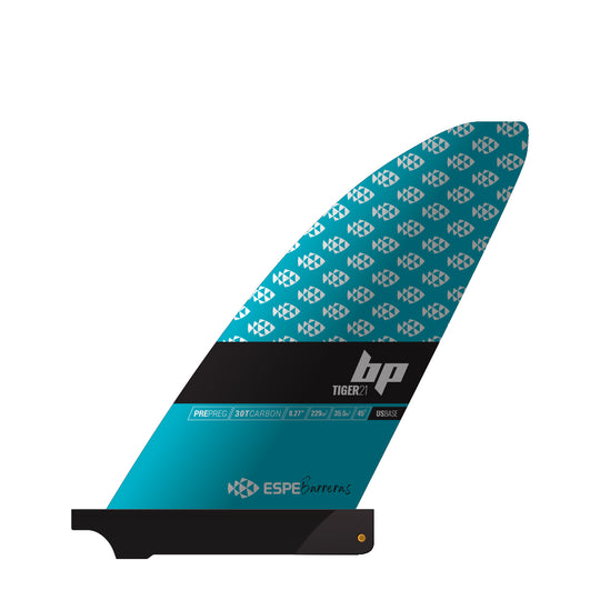 Studio image of the front of a Black Project Tiger v2 Carbon SUP Fin, with speical ESPE Edition light blue artwork.