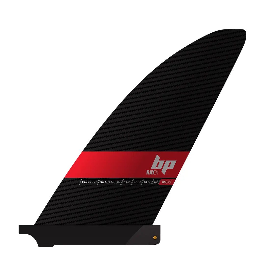 Studio image of a Black Project Ray SUP Fin with a US Box Base, made from pre-preg carbon fiber.