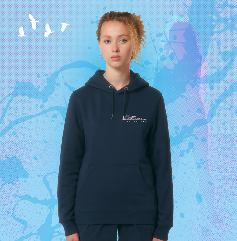 Person wearing a navy Cleethorpes hoodie with a logo on a blue abstract background.